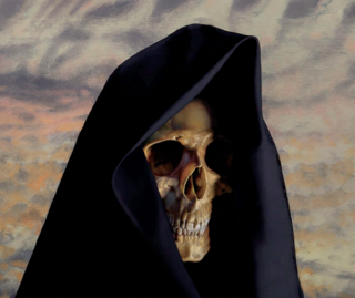 a skeleton wearing a hood